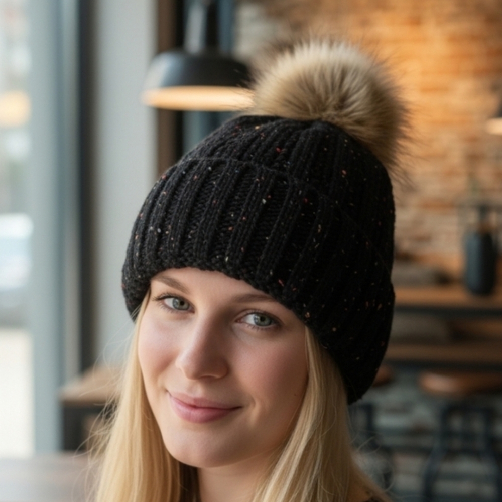 Jessica Simpson Black Knit Hat With Colorful Speckles & Fur Pompom